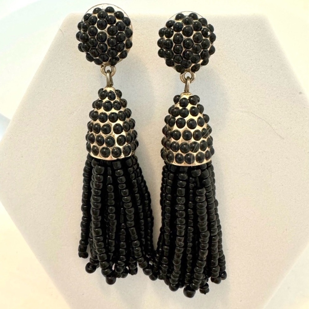 Black Beaded Tassel Statement Earrings Gold Tone Glam Drop Earrings